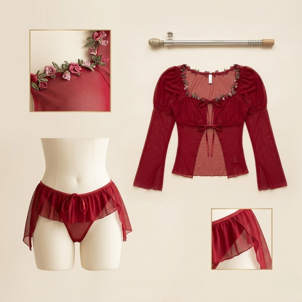 Veloura Bloom Mesh Lingerie Set – Wine Red