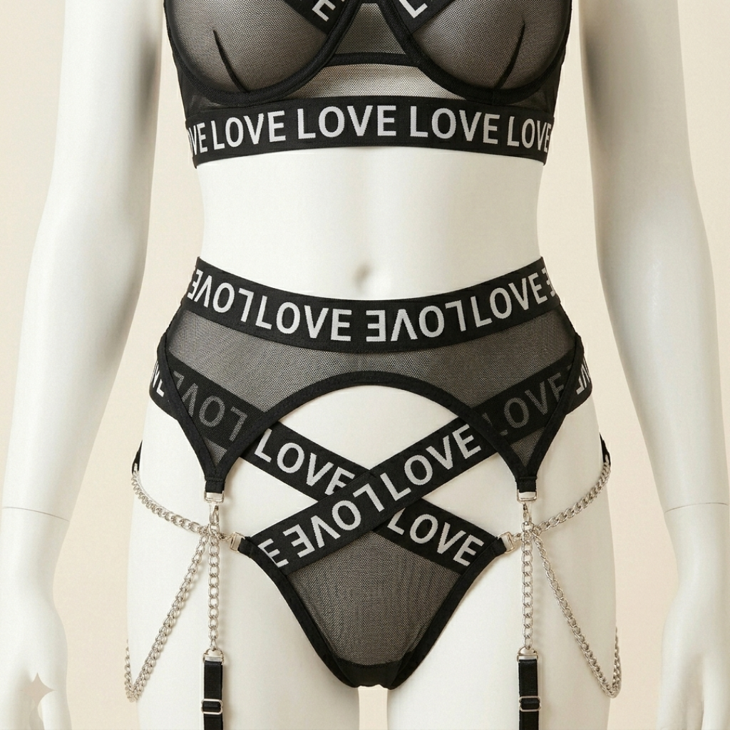 Letter Print Chain Garter Lingerie Set