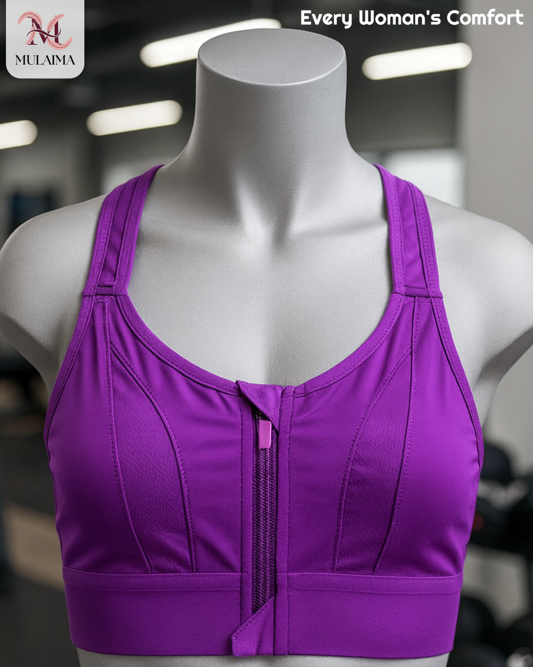 MULAIMA AUREA Women’s High Support Sports Bra – Front Zip Activewear in Orchid Purple