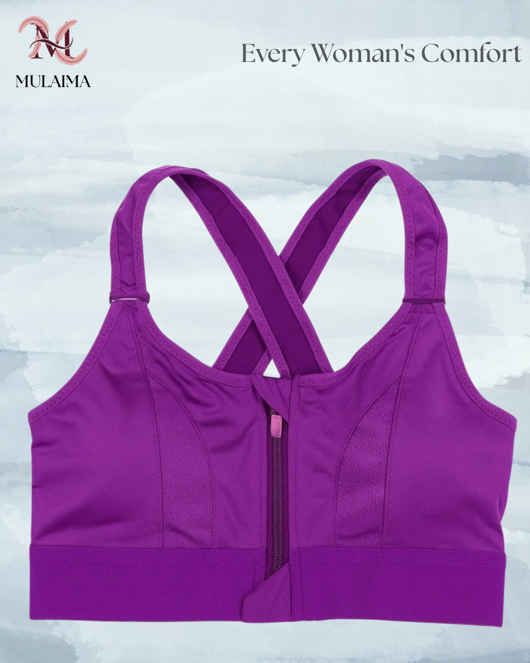 MULAIMA AUREA Women’s High Support Sports Bra – Front Zip Activewear in Orchid Purple