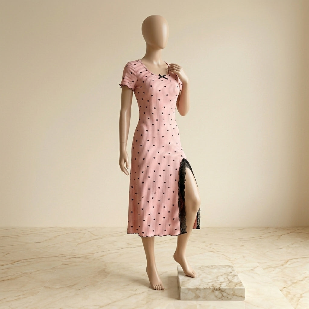Heart Print Lace Slit Sleepwear Gown