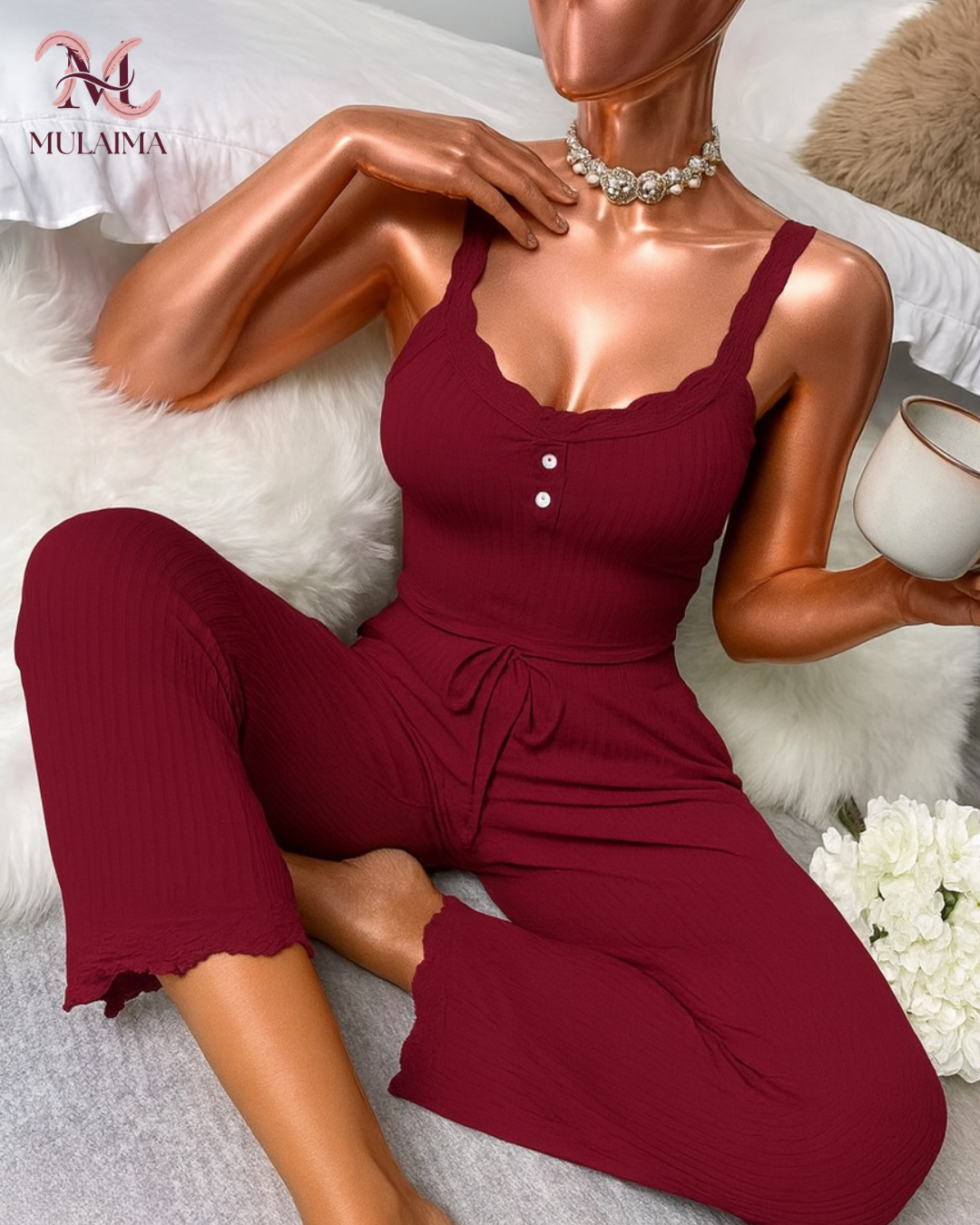 MULAIMA DAHLIA Women’s Nightwear Set – Soft Ribbed Lounge Co-ord in Wine Red
