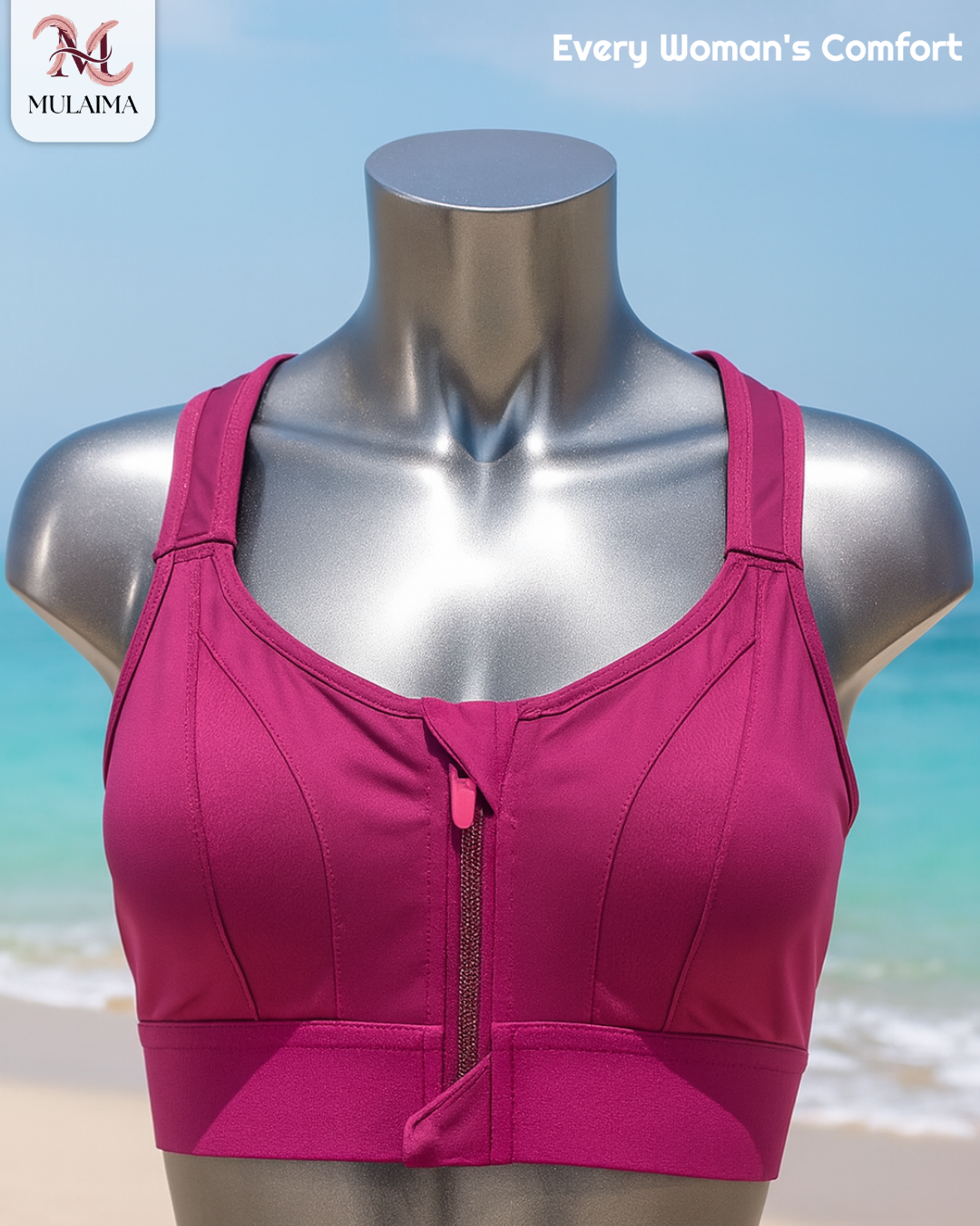 MULAIMA FEMVIBE Women’s Cross-Back Sports Bra – Front Zip Activewear in Berry Pink