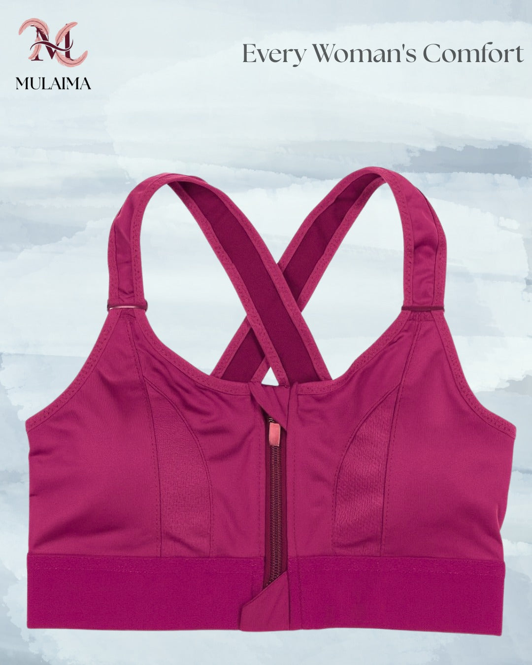 MULAIMA FEMVIBE Women’s Cross-Back Sports Bra – Front Zip Activewear in Berry Pink