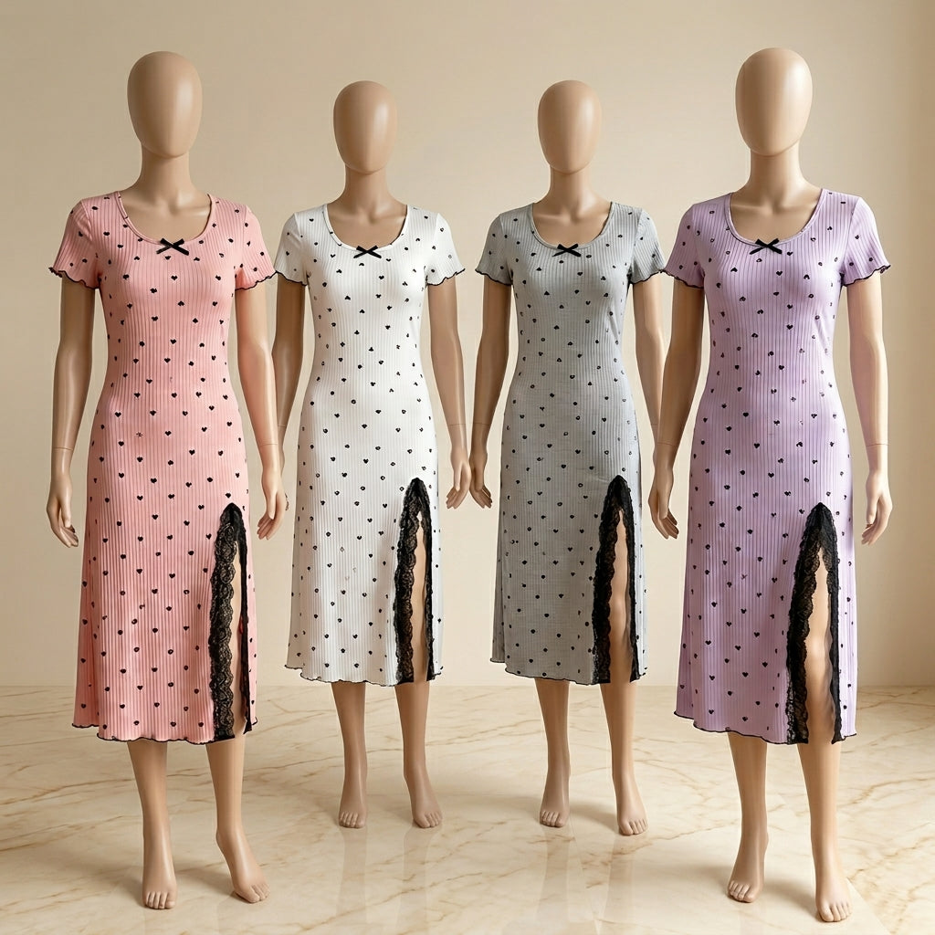 Heart Print Lace Slit Sleepwear Gown