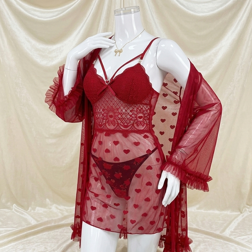 Neck Cross Heart Print Gown Set