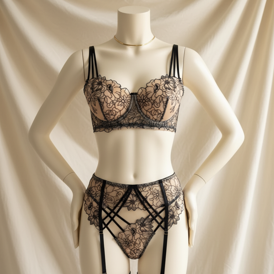 Floral Net See Through Lingerie Set