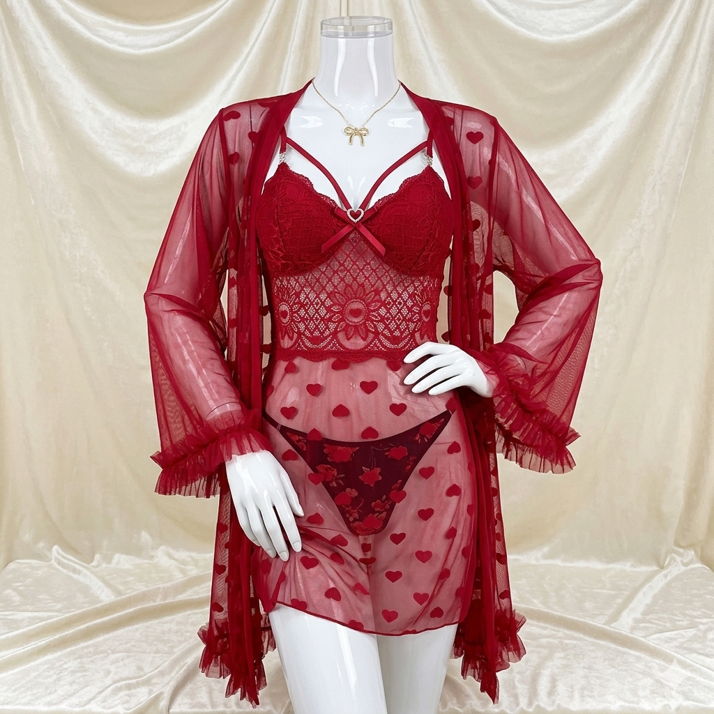 Neck Cross Heart Print Gown Set