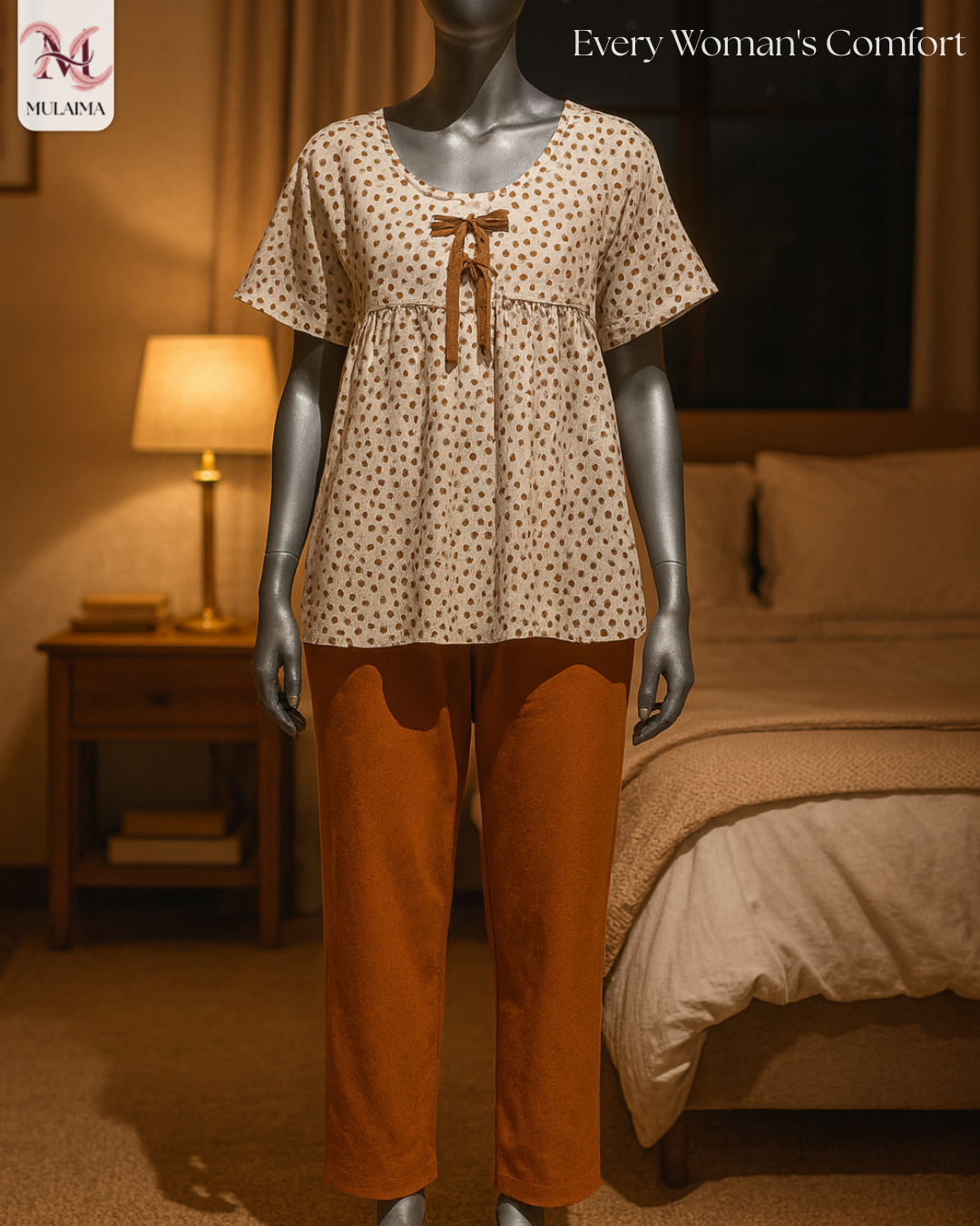 LUNARA Women’s Printed Cotton Nightwear Set – Polka Dot Top & Solid Pyjama