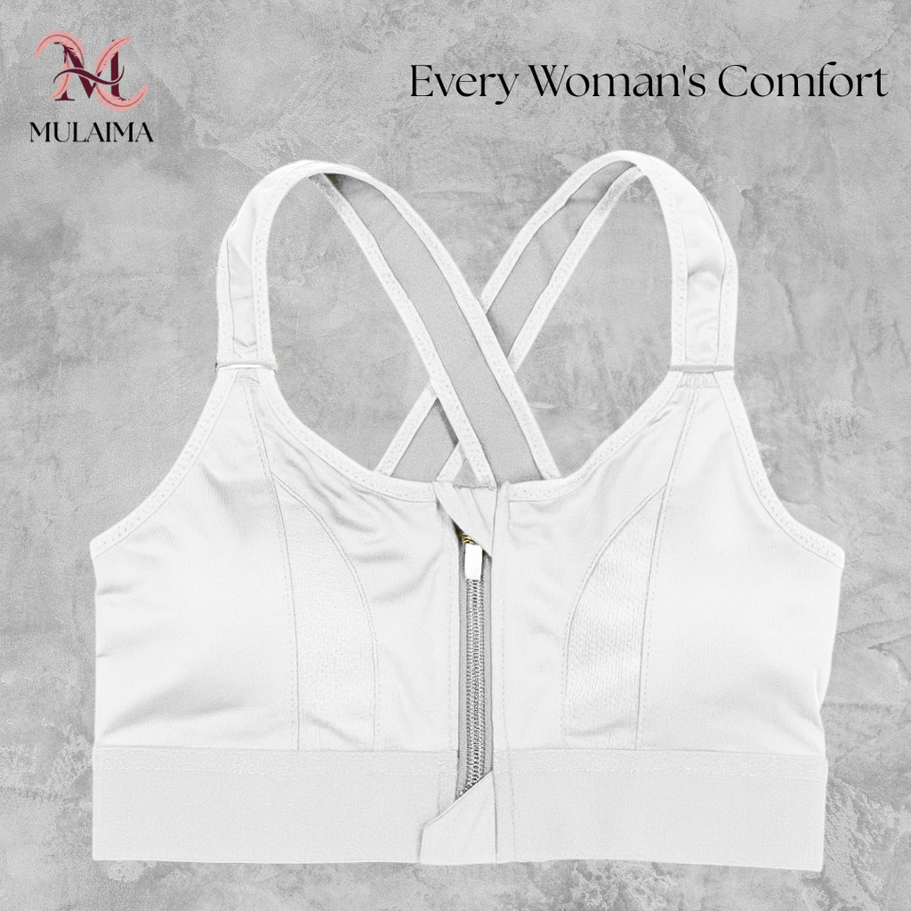 MULAIMA LYVORA Women’s High-Support Sports Bra – Front Zip & Cross-Back Design in Pure White