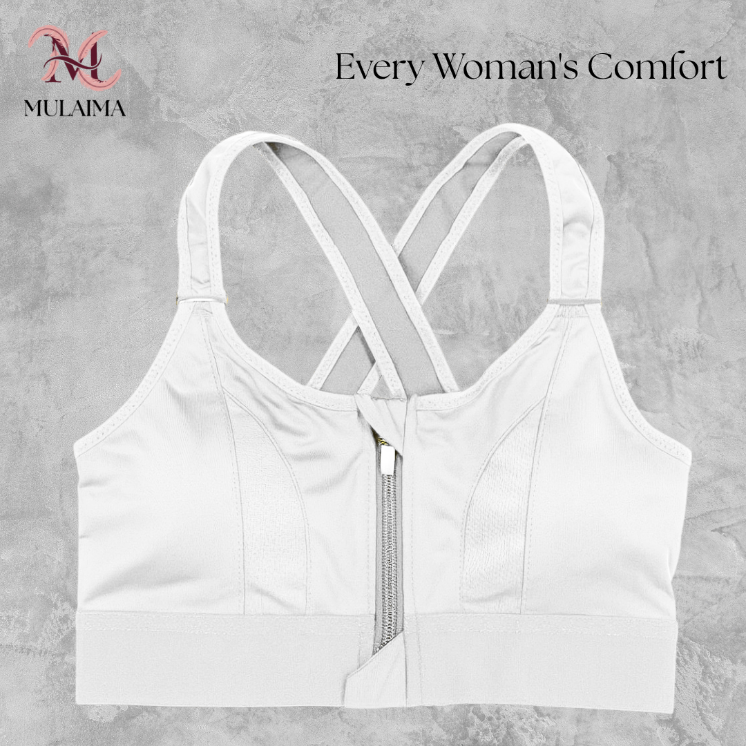 MULAIMA LYVORA Women’s High-Support Sports Bra – Front Zip & Cross-Back Design in Pure White