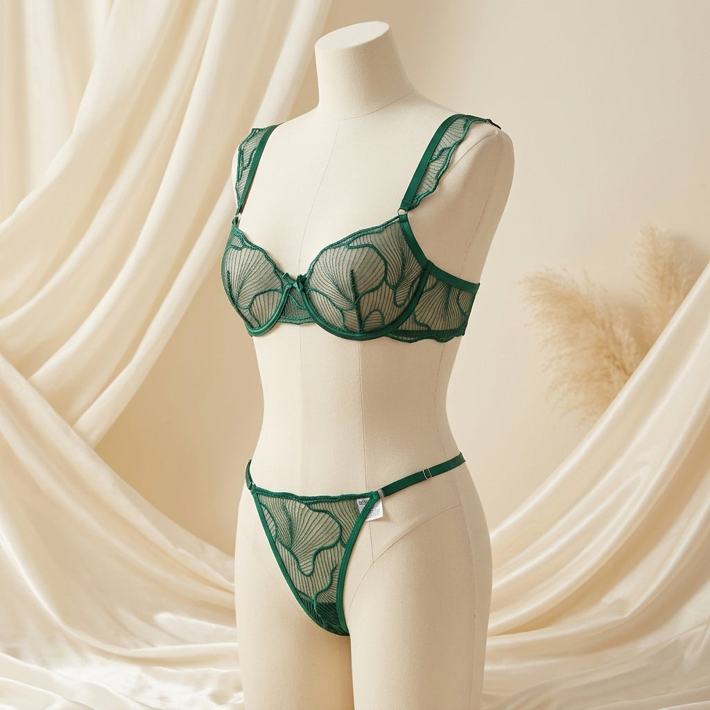 Black Floral Mesh Embroidered Lingerie Set