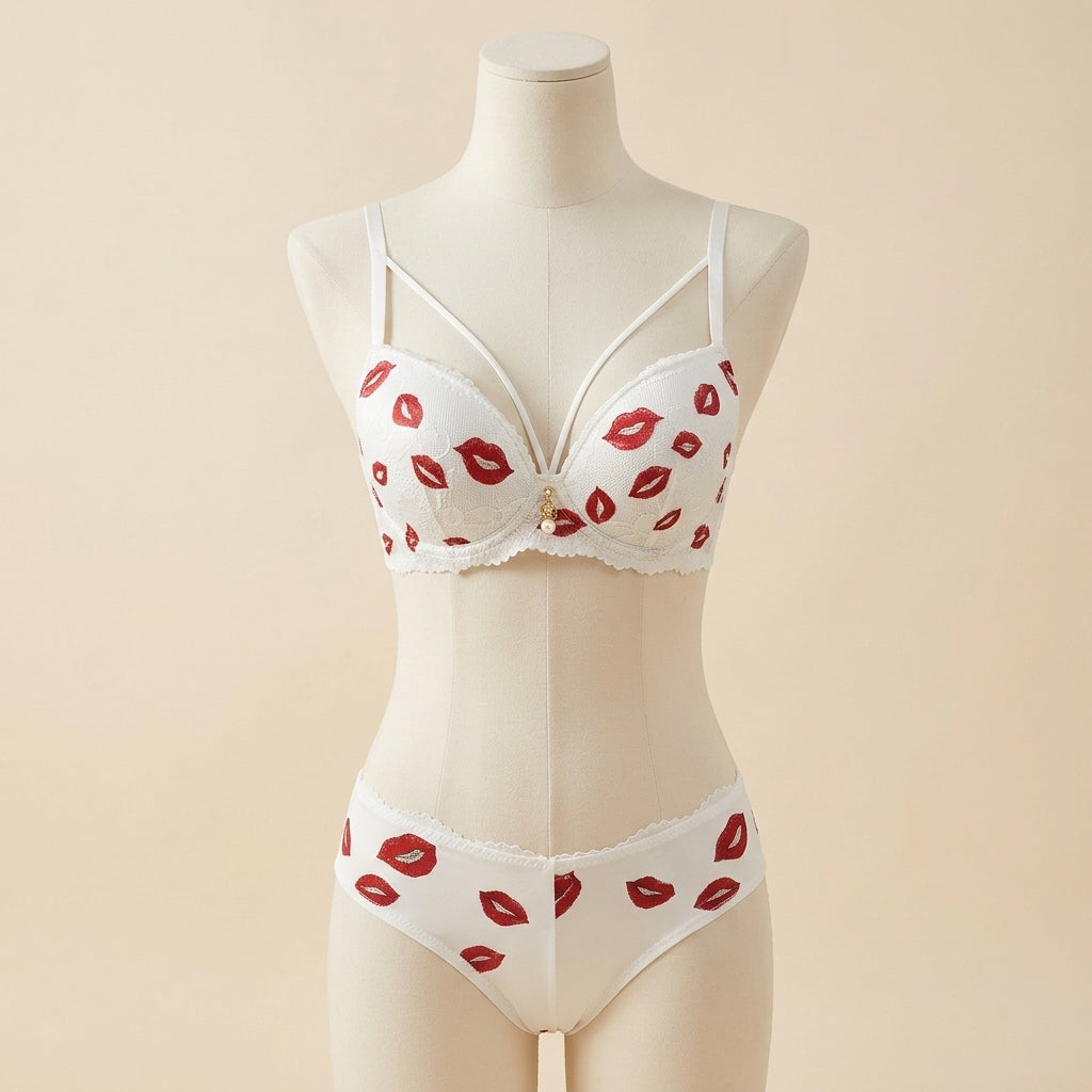 Playful Kiss Print Lace Push-Up Bra Set