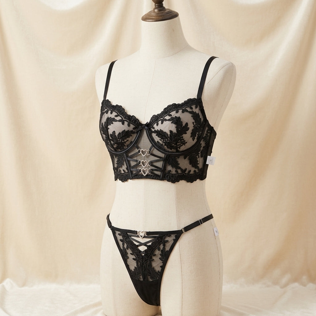 Midnight Bloom Luxury Floral Embroidered Lingerie Set
