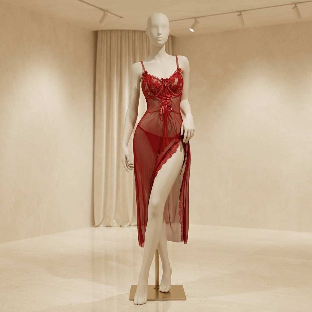 Hollow Out Lace Mesh Nightwear Gown