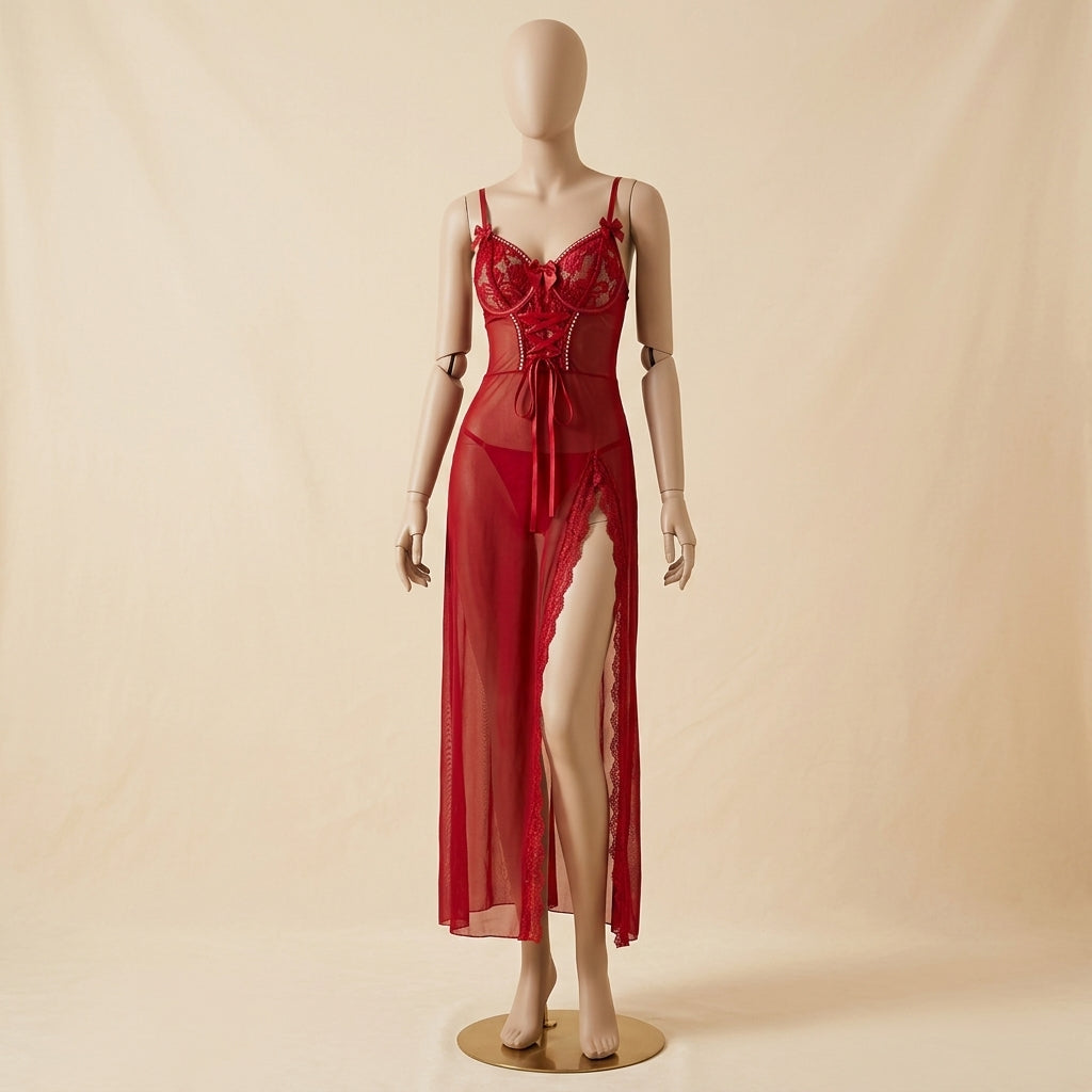 Hollow Out Lace Mesh Nightwear Gown