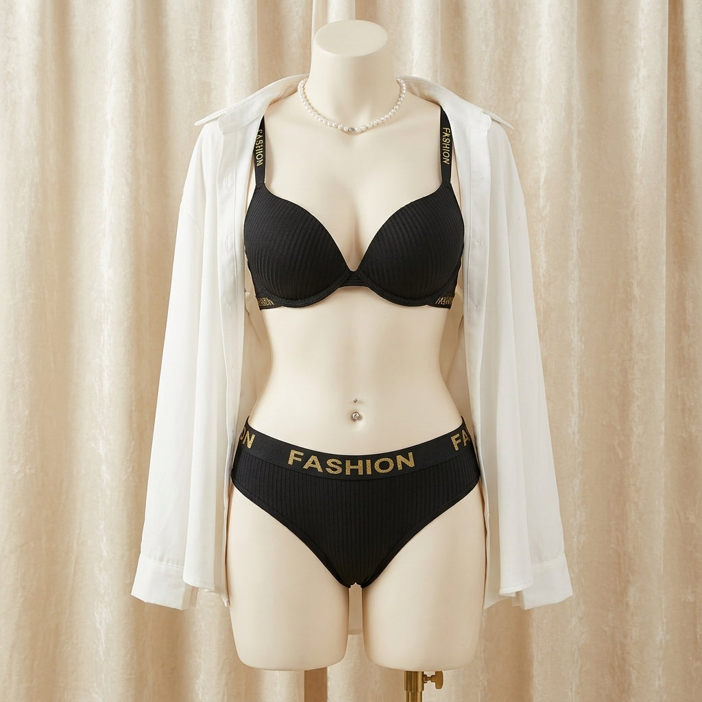 Sporty Logo-Band Ribbed Push-Up Bra Set