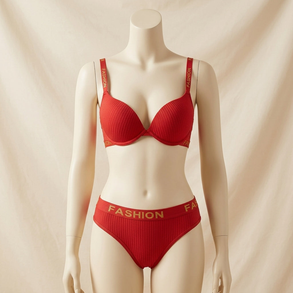 Sporty Logo-Band Ribbed Push-Up Bra Set