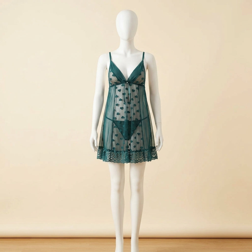 Elegant Lace Heart Mesh Babydoll Set