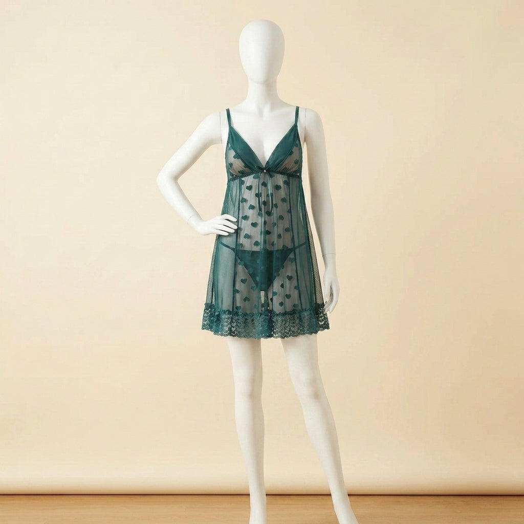 Elegant Lace Heart Mesh Babydoll Set