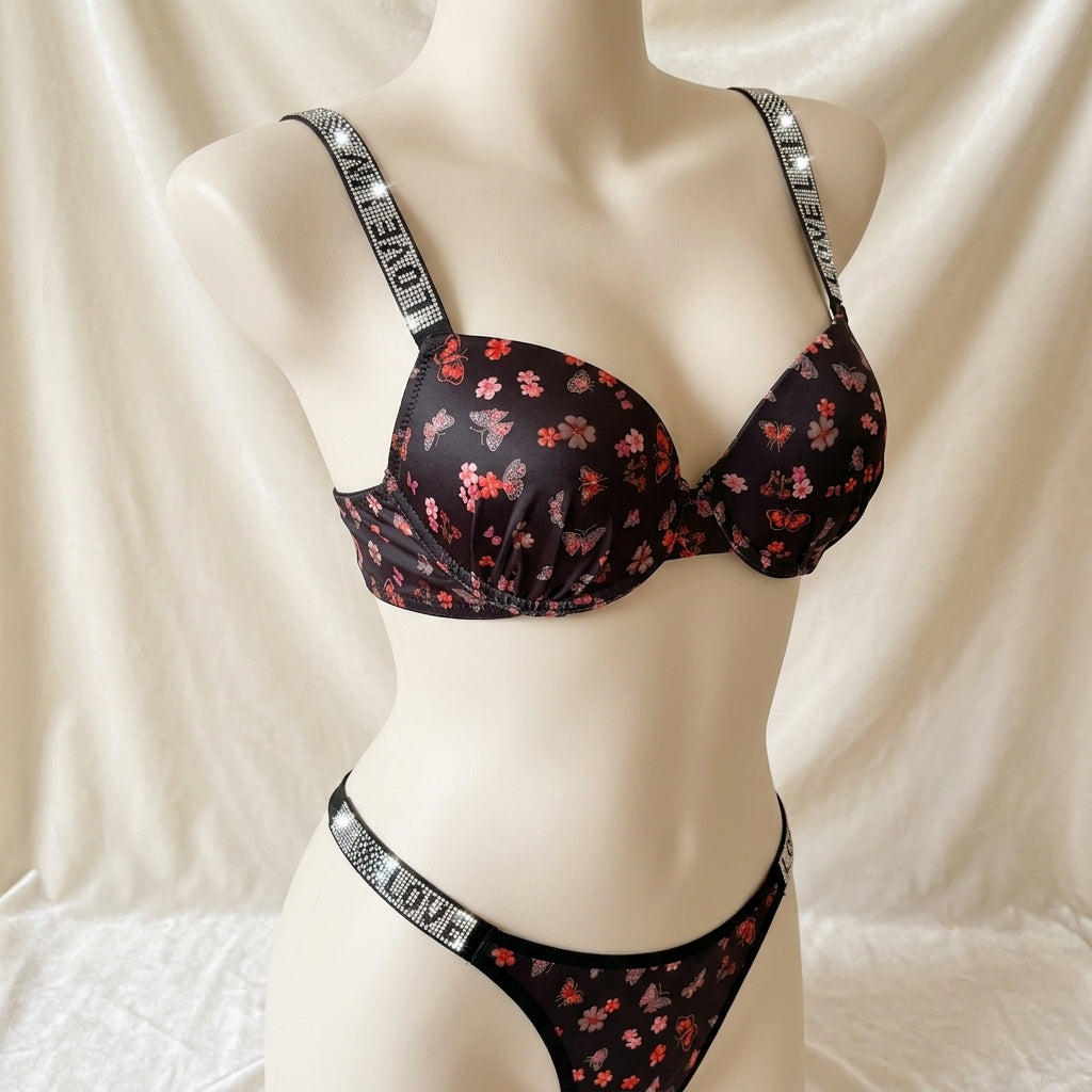 Premium Rhinestone "LOVE" Logo Strap Bra Set