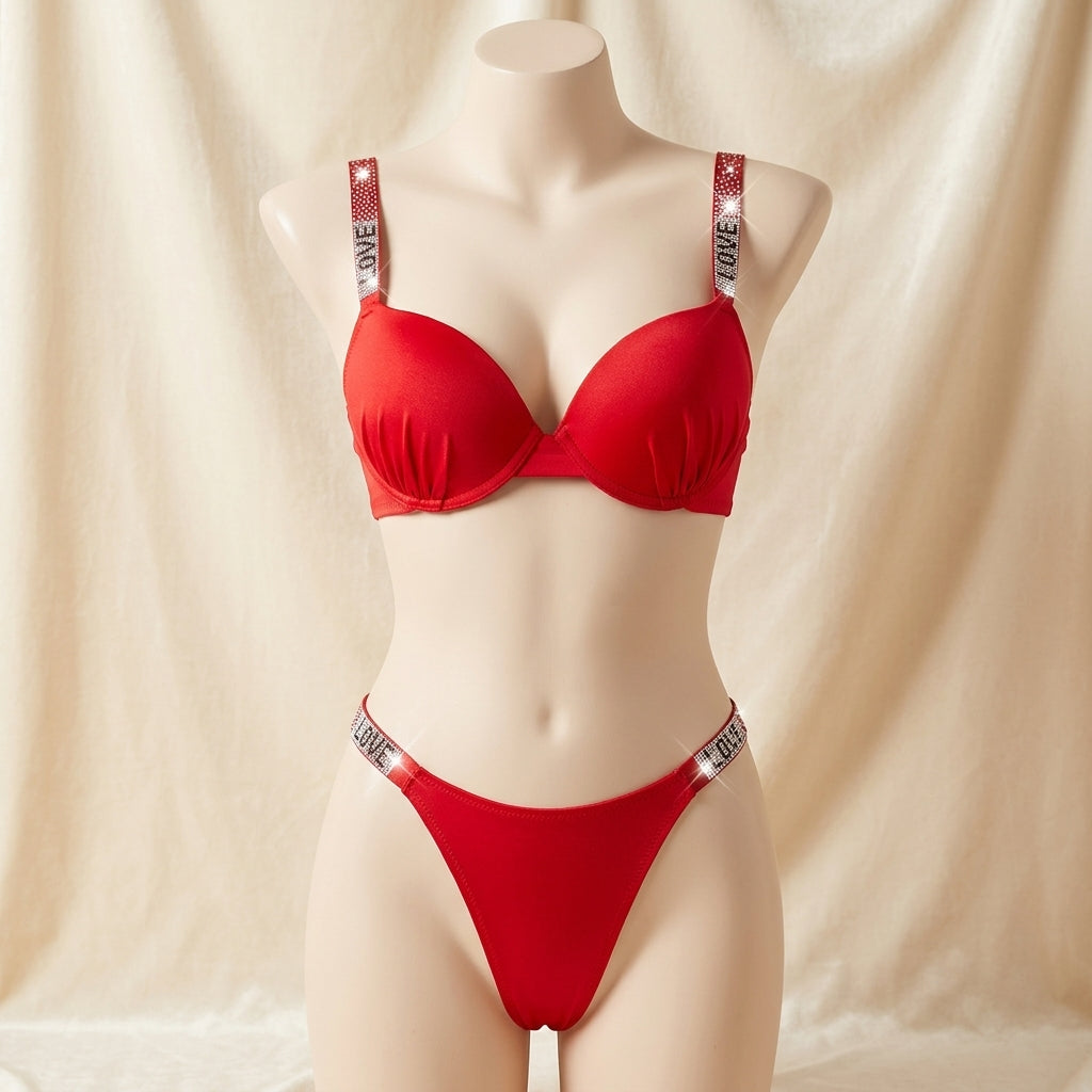 Premium Rhinestone "LOVE" Logo Strap Bra Set
