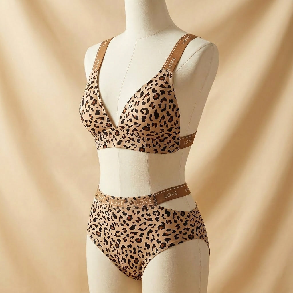 Trendy Leopard Print Logo-Band Bralette and High-Waisted Panty Set