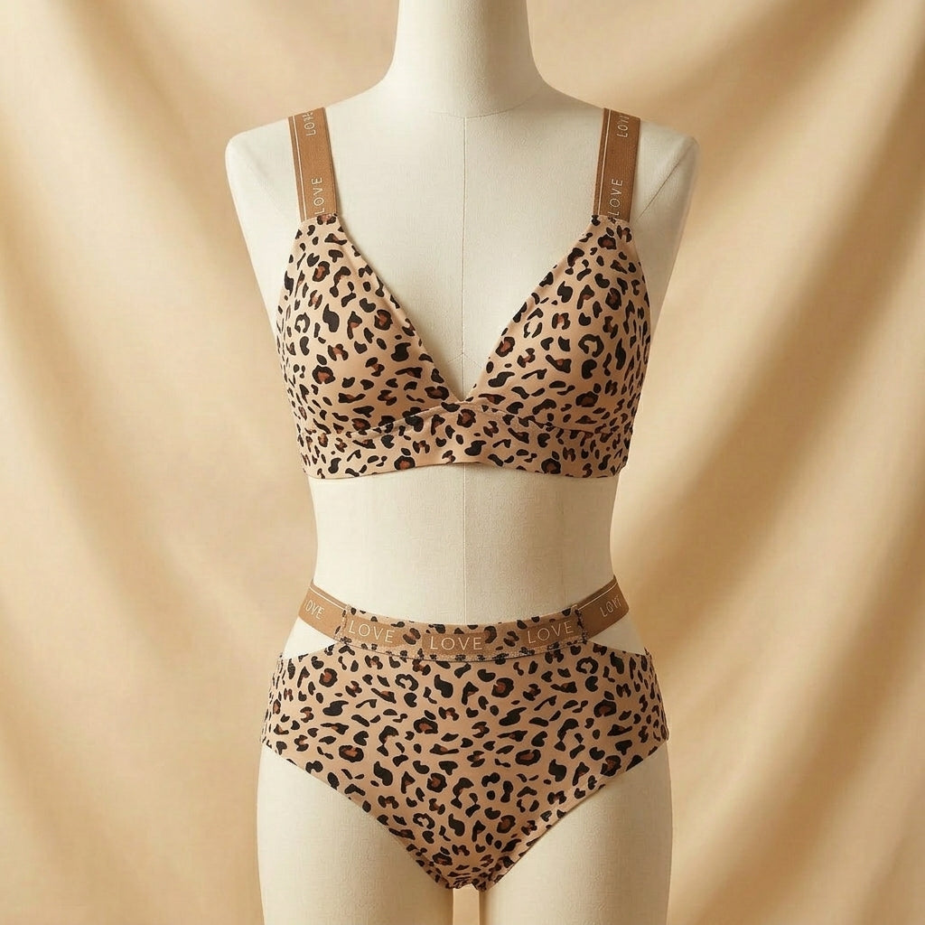Trendy Leopard Print Logo-Band Bralette and High-Waisted Panty Set