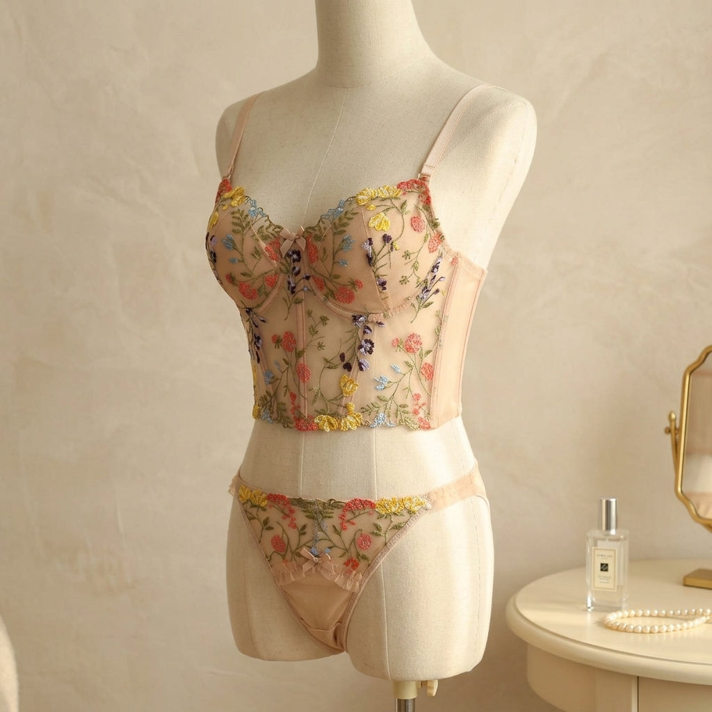 Premium French Floral Embroidered Bustier & Panty Set