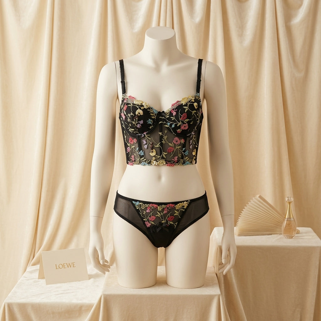 Premium French Floral Embroidered Bustier & Panty Set