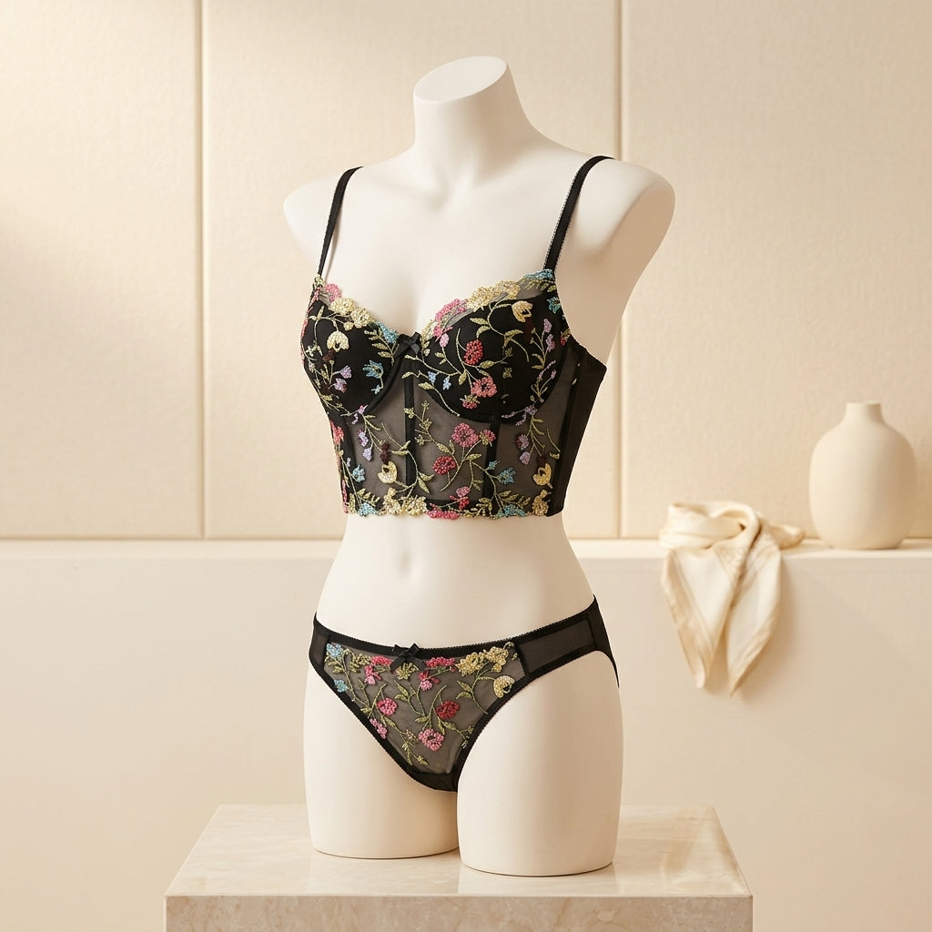 Premium French Floral Embroidered Bustier & Panty Set