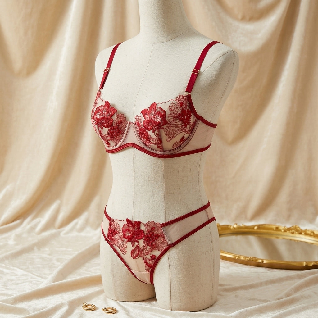 Elegant Floral Embroidered Mesh Lingerie Set