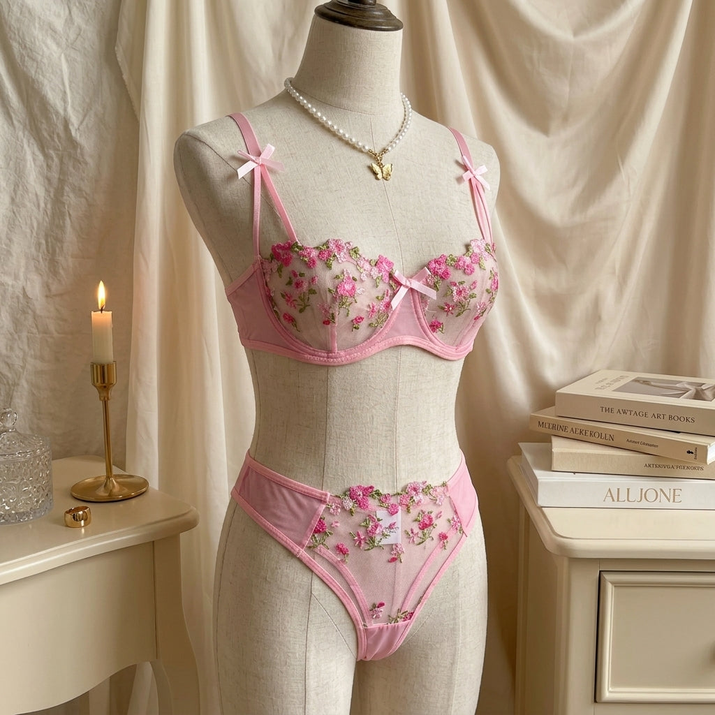 Blossom Charm Embroidered Non-Padded Lingerie Set