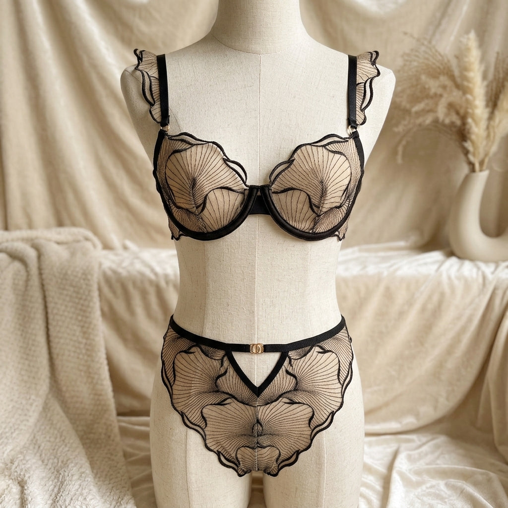Black Floral Mesh Embroidered Lingerie Set