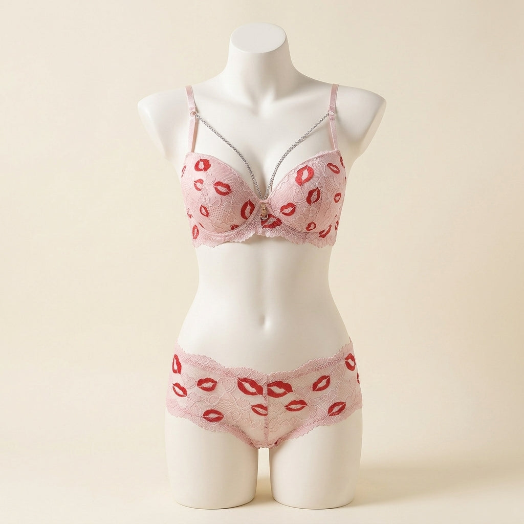 Playful Kiss Print Lace Push-Up Bra Set