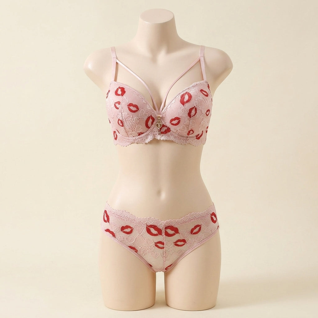 Playful Kiss Print Lace Push-Up Bra Set