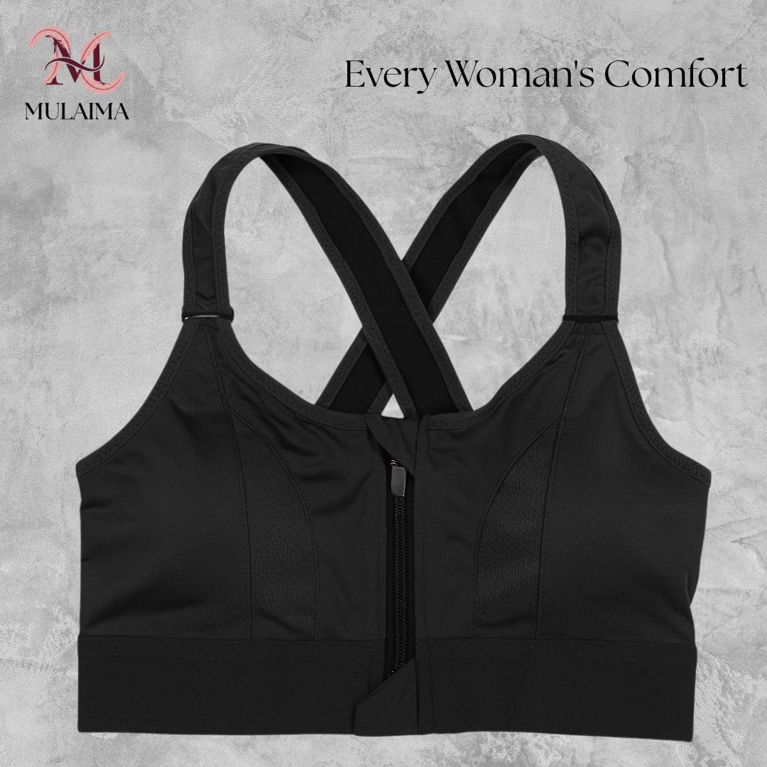 MULAIMA NOIRIX Women’s High-Support Sports Bra – Front Zip Cross-Back Activewear in Jet Black