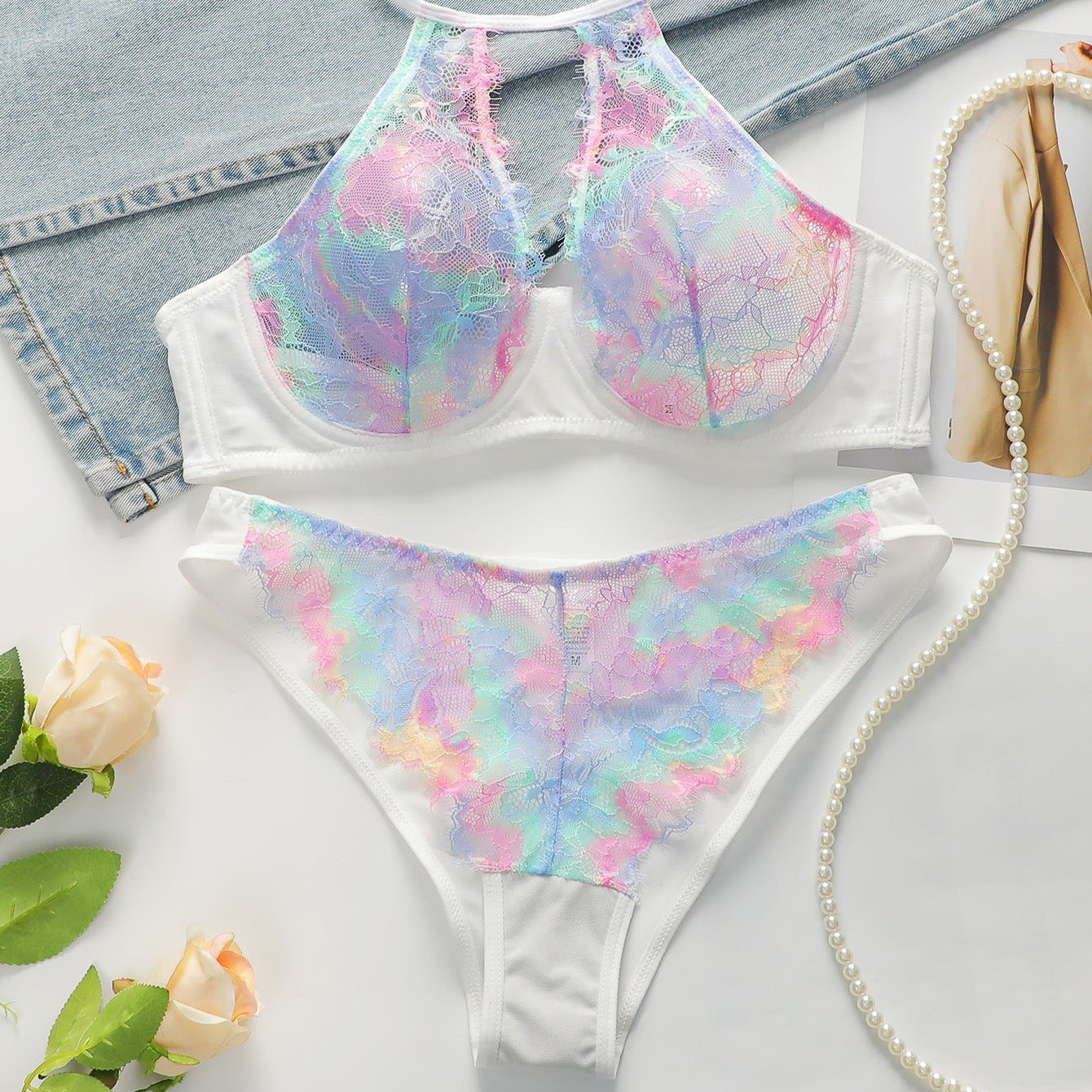 Radiant Rainbow Gradient Lace Halter Lingerie Set