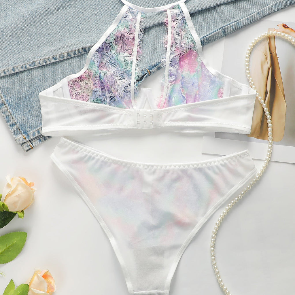 Radiant Rainbow Gradient Lace Halter Lingerie Set