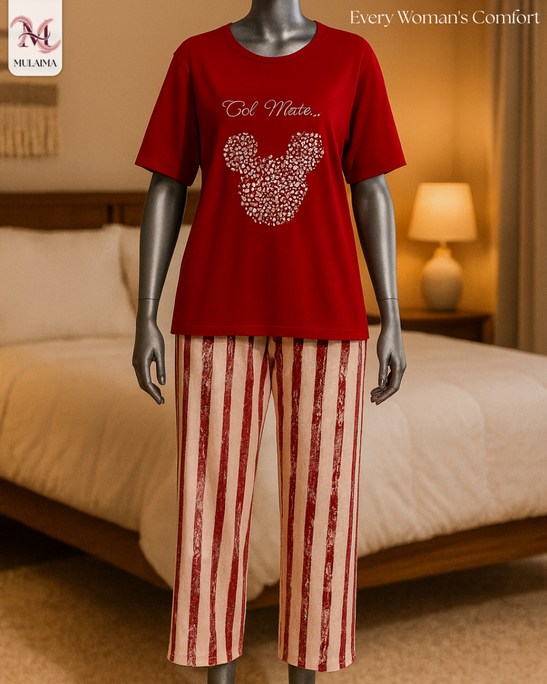 VELIN Women’s Cotton Nightwear Set – Red Graphic Top & Striped Pyjama