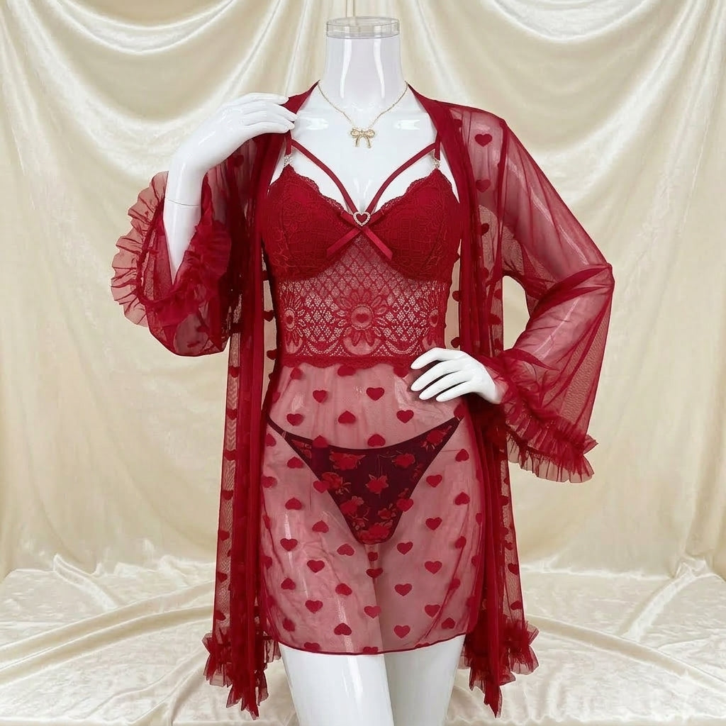 Neck Cross Heart Print Gown Set