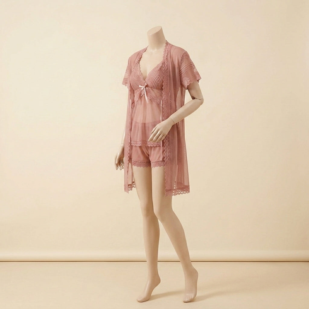 Romantic Lace Sleepwear Three Piece Set