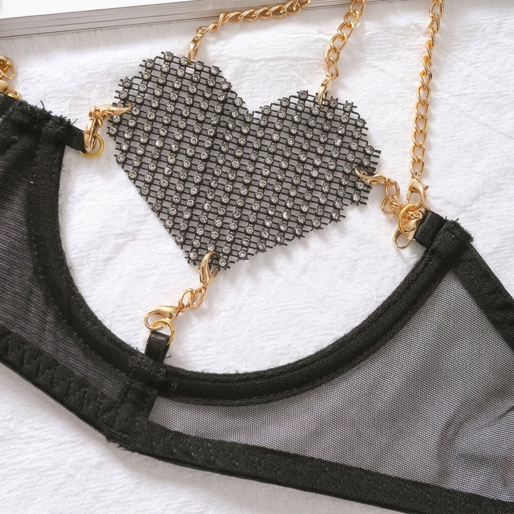 Rhinestone Heart Mesh Lingerie Set