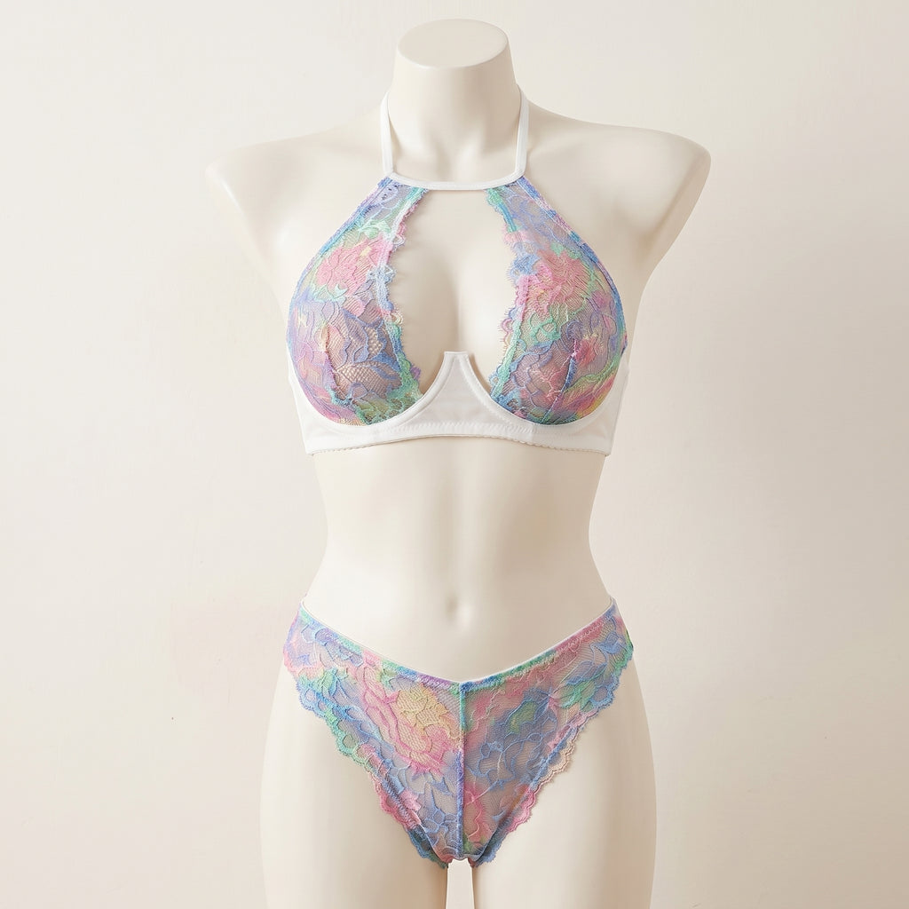 Radiant Rainbow Gradient Lace Halter Lingerie Set