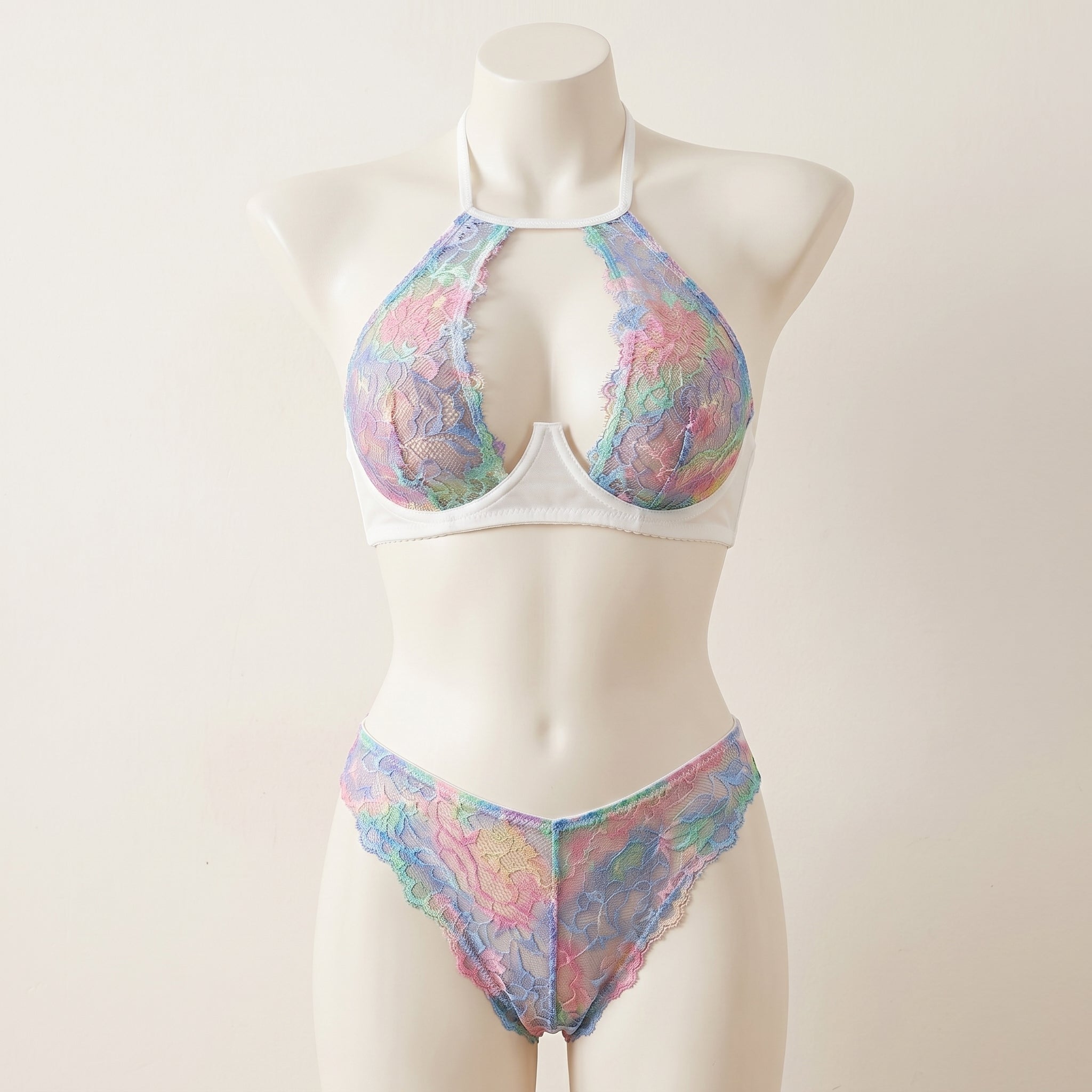 Radiant Rainbow Gradient Lace Halter Lingerie Set