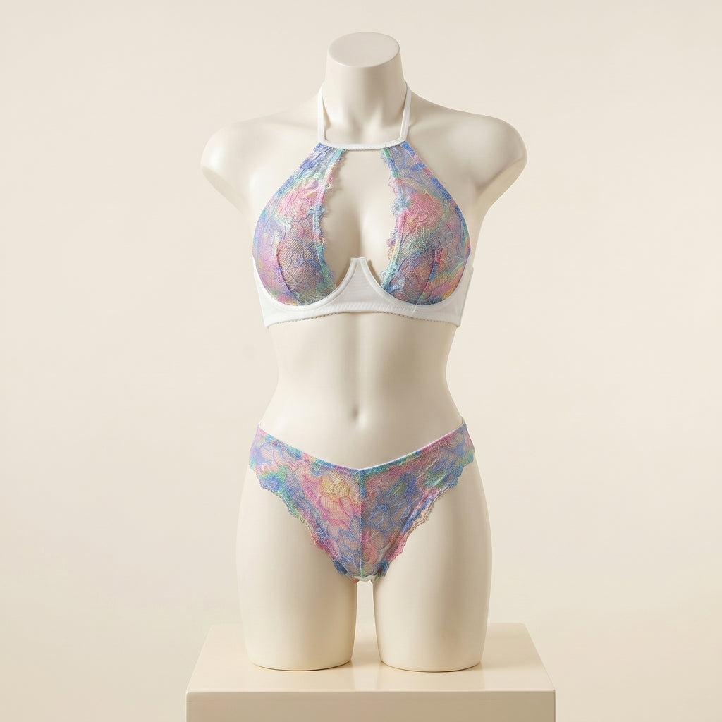 Radiant Rainbow Gradient Lace Halter Lingerie Set