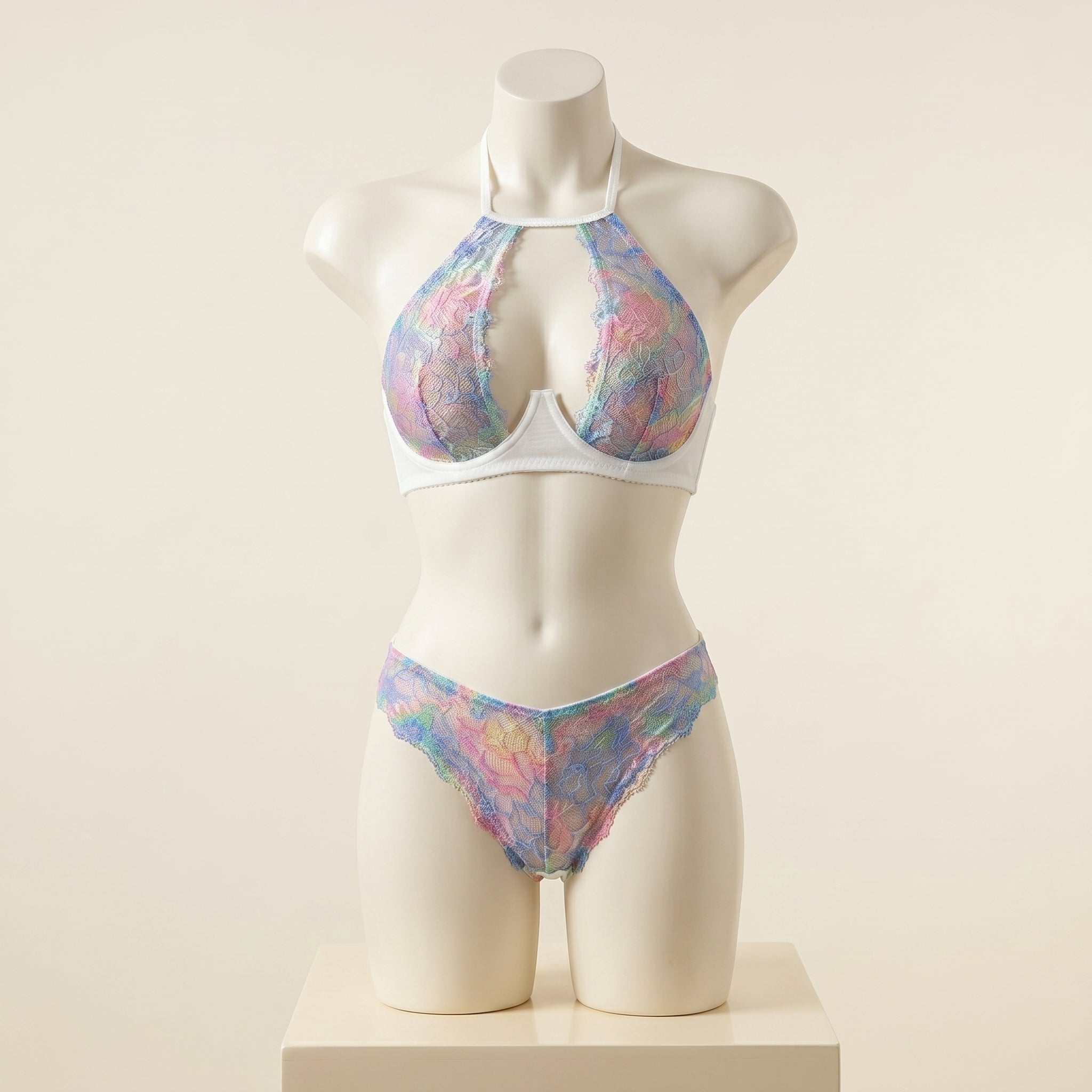 Radiant Rainbow Gradient Lace Halter Lingerie Set