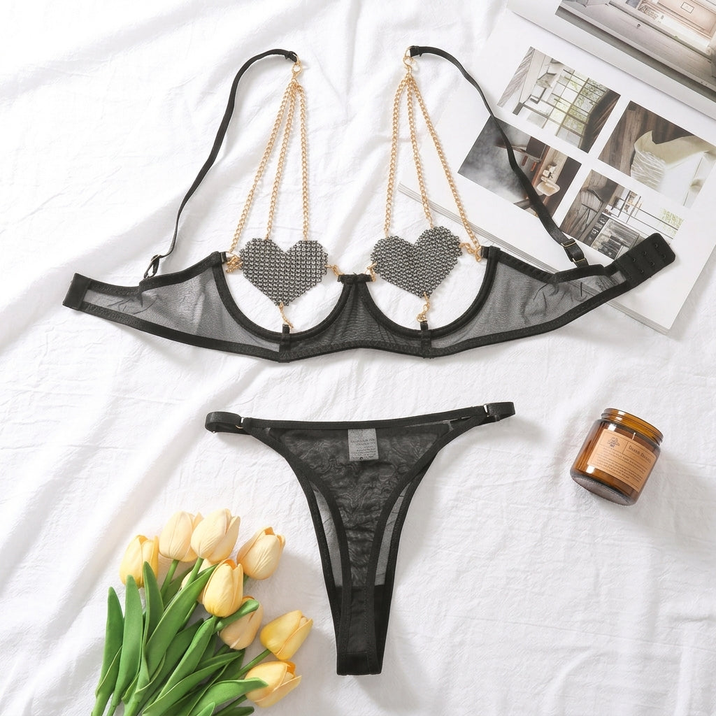 Rhinestone Heart Mesh Lingerie Set