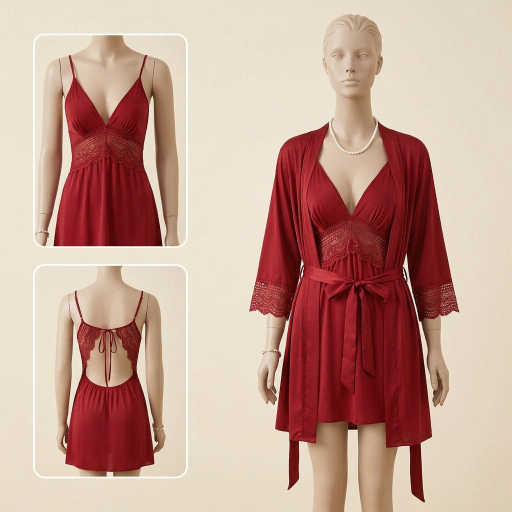 Luxury Satin Nightwear Lace Robe Set