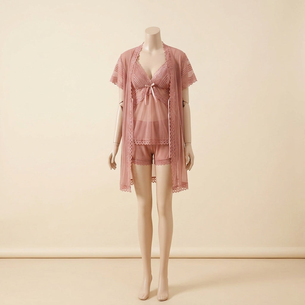 Romantic Lace Sleepwear Three Piece Set